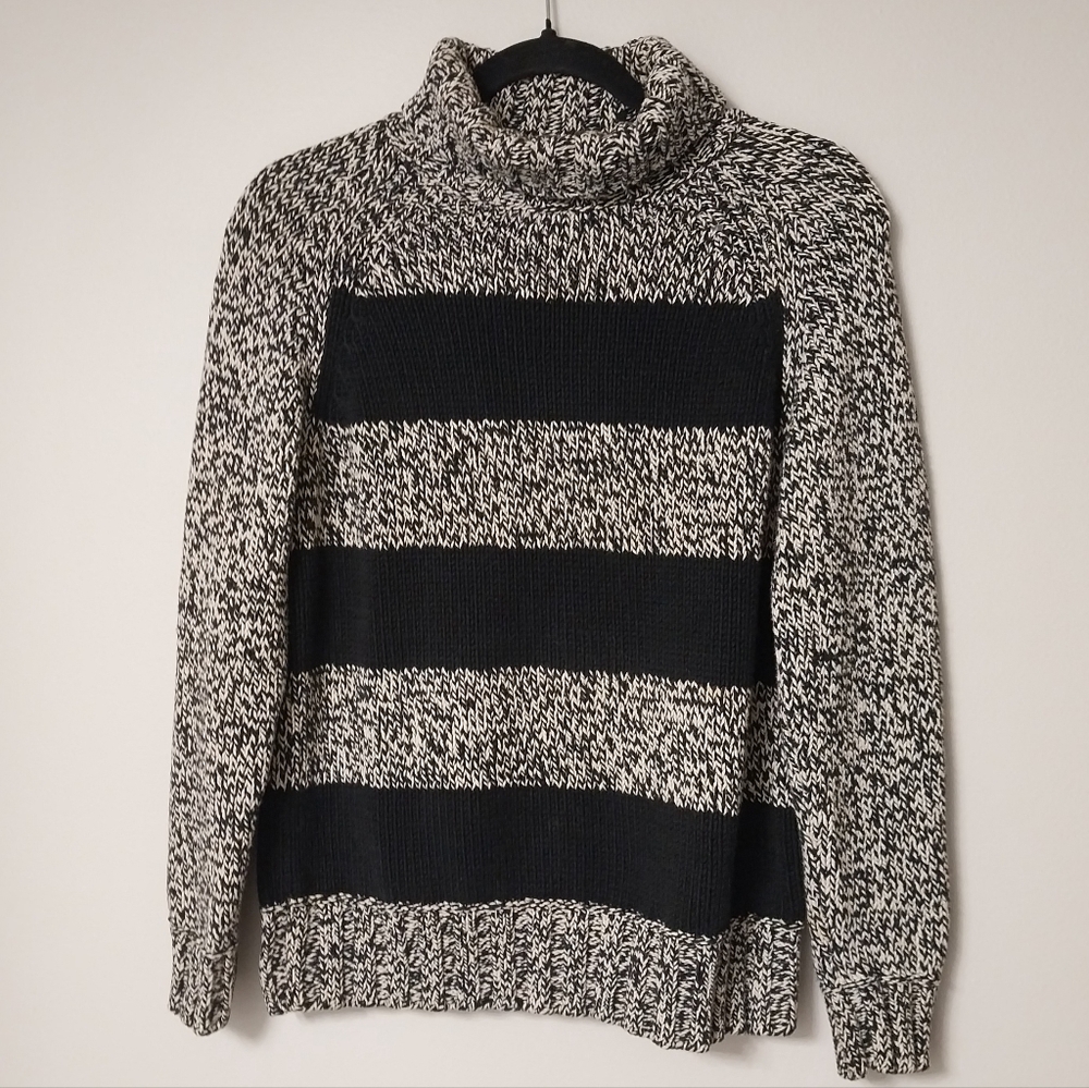 Liz Claiborne Vintage Gray & Black Marled Stripe Funnel Neck Sweater
